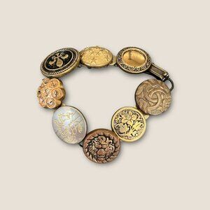 Vintage Antique Button Bracelet Fleur De Lis Charm Unique Artisan Jewelry